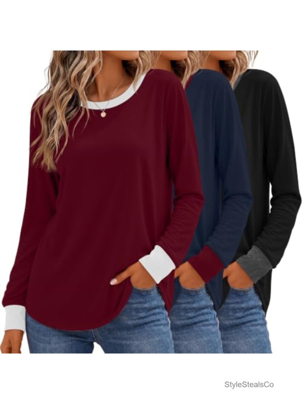 3 Pack Women's Long Sleeve Shirts Cotton Blend Crewneck